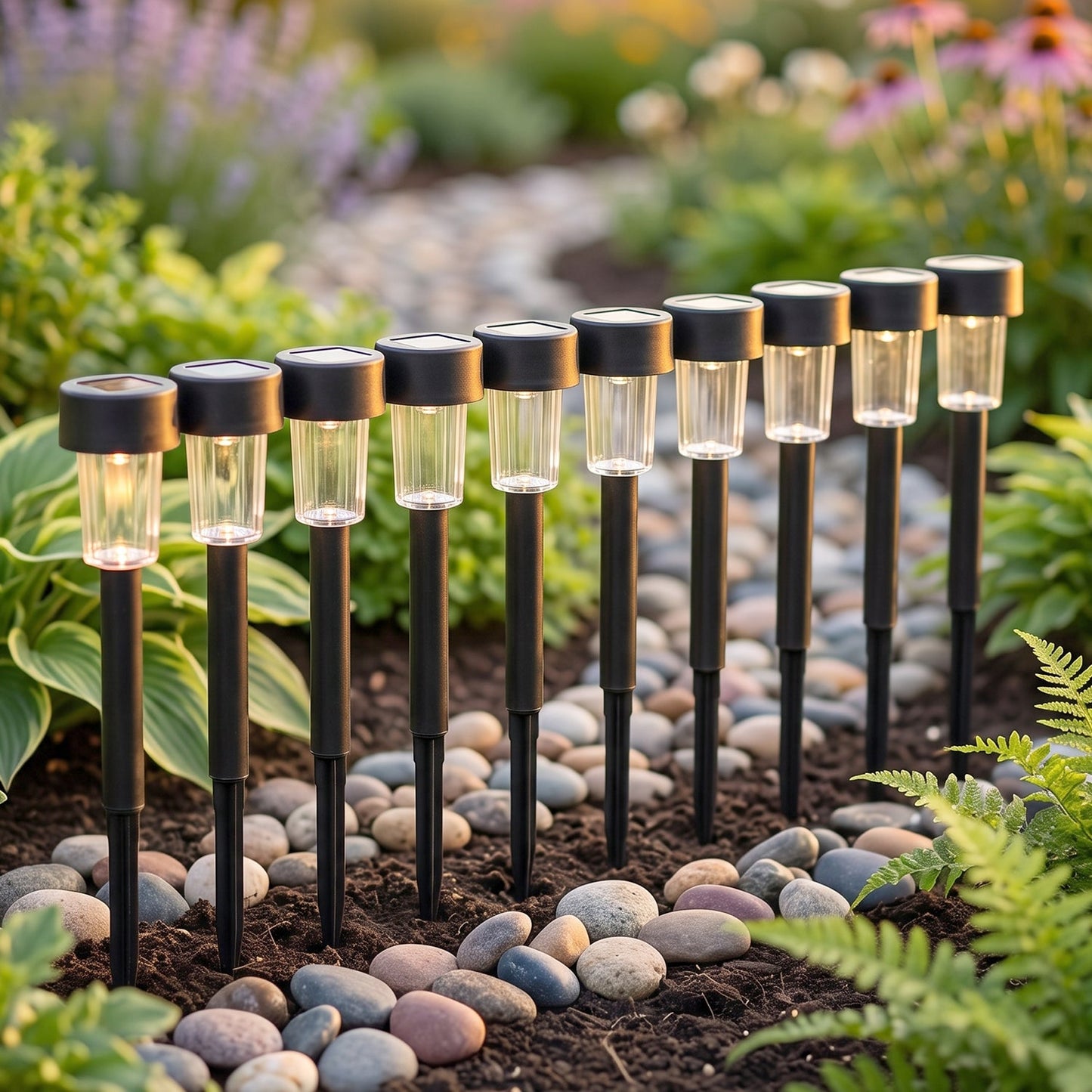 Wukusy outdoor solar pathway lights 10-piece set with waterproof LED garden stake lights illuminating a garden pathway at night