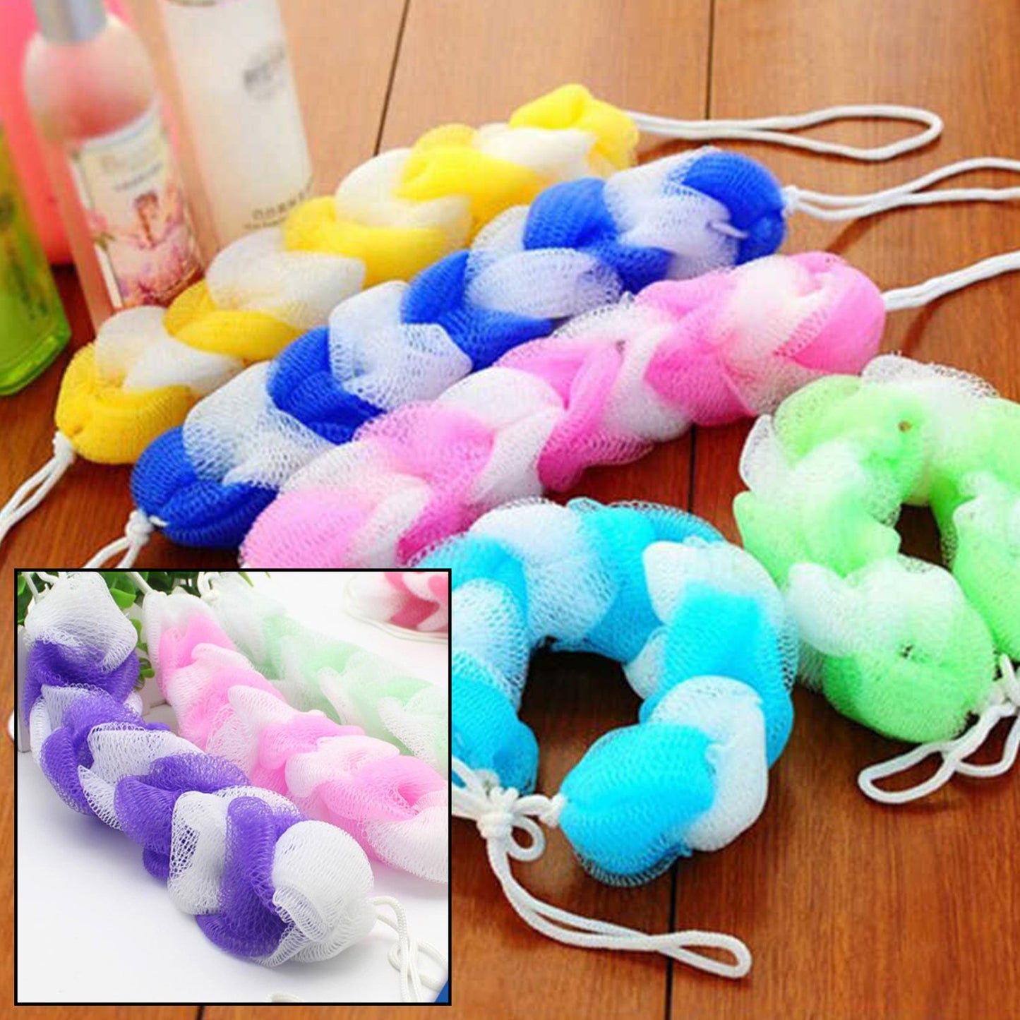 Six Wukusy hanging bath loofah pouf sponges for body scrubbing, shown hanging in a bathroom shower.