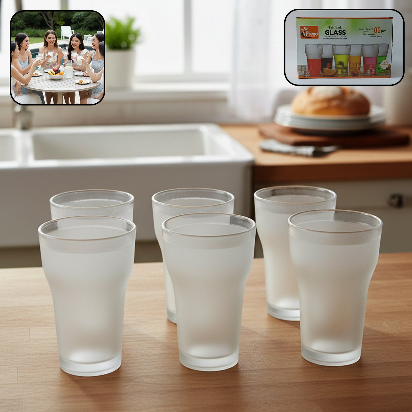 Set of six Wukusy Prexo unbreakable plastic drinking water glasses, 300 ml each, with clear, durable design for everyday use.
