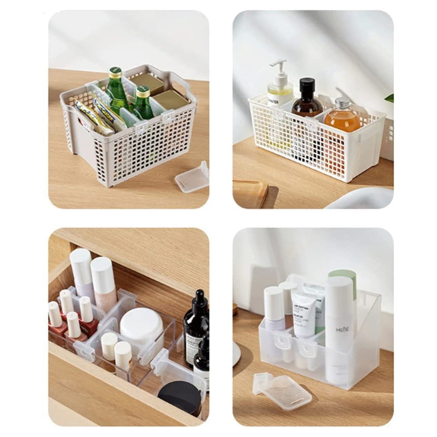 Set of 10 Wukusy plastic storage baskets for refrigerator organization, featuring space allocators and partition clips.