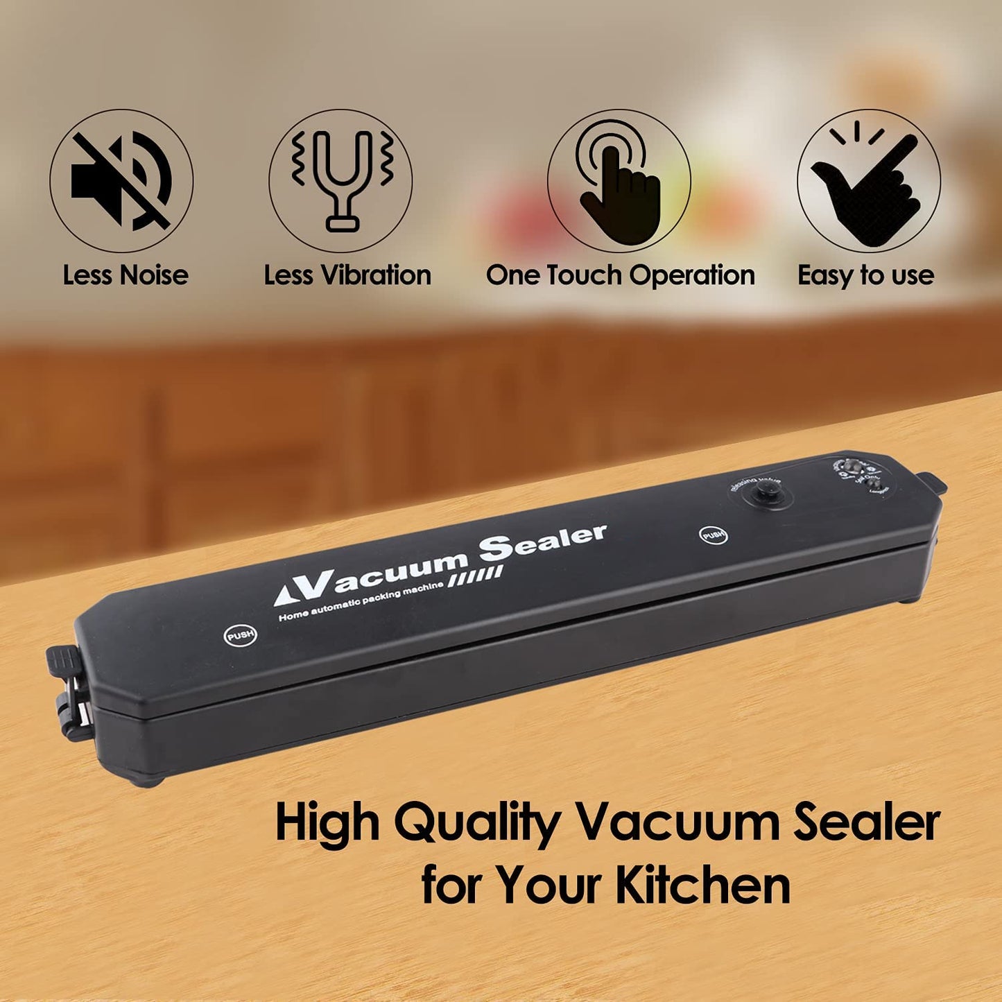 Wukusy vacuum sealer machine with 10 sealing bags for home and kitchen food preservation, showing the device and bags in use.