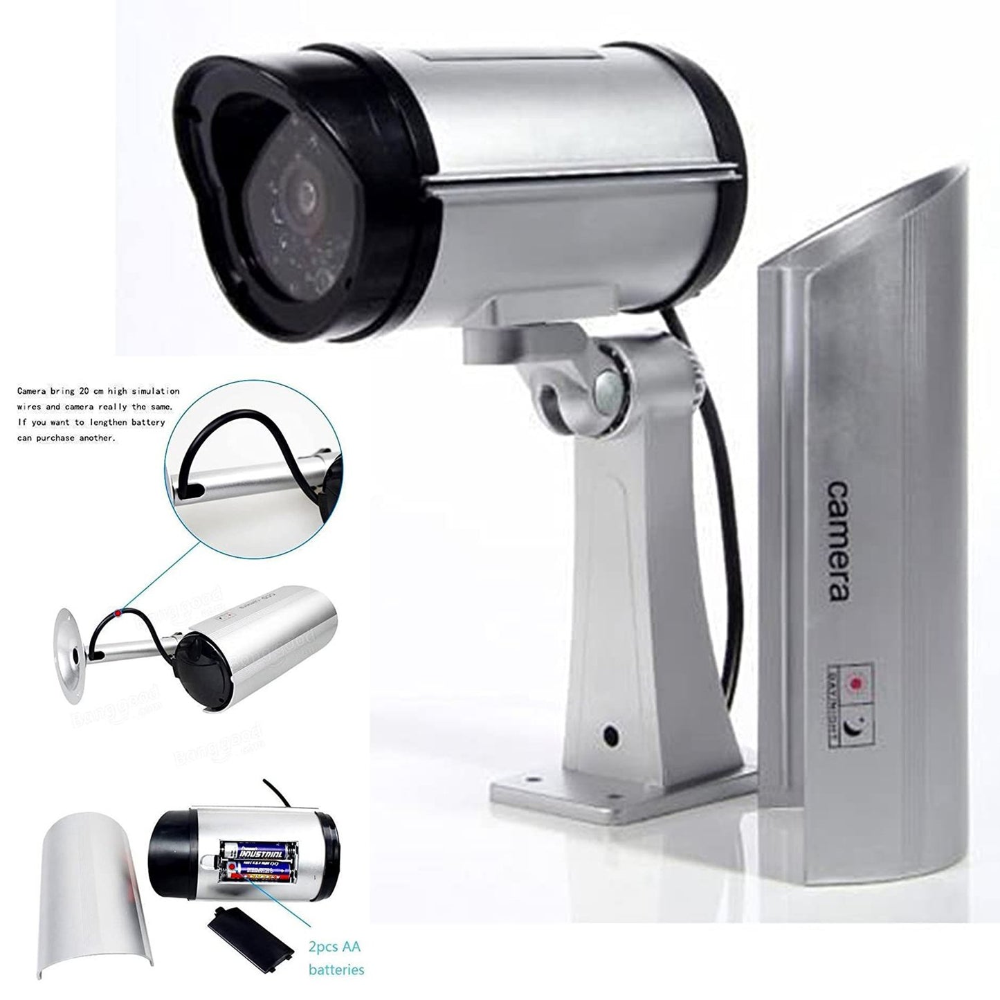 Wukusy 1481 Wireless Security CCTV dummy outdoor fake IR camera for home security, mounted on exterior wall.