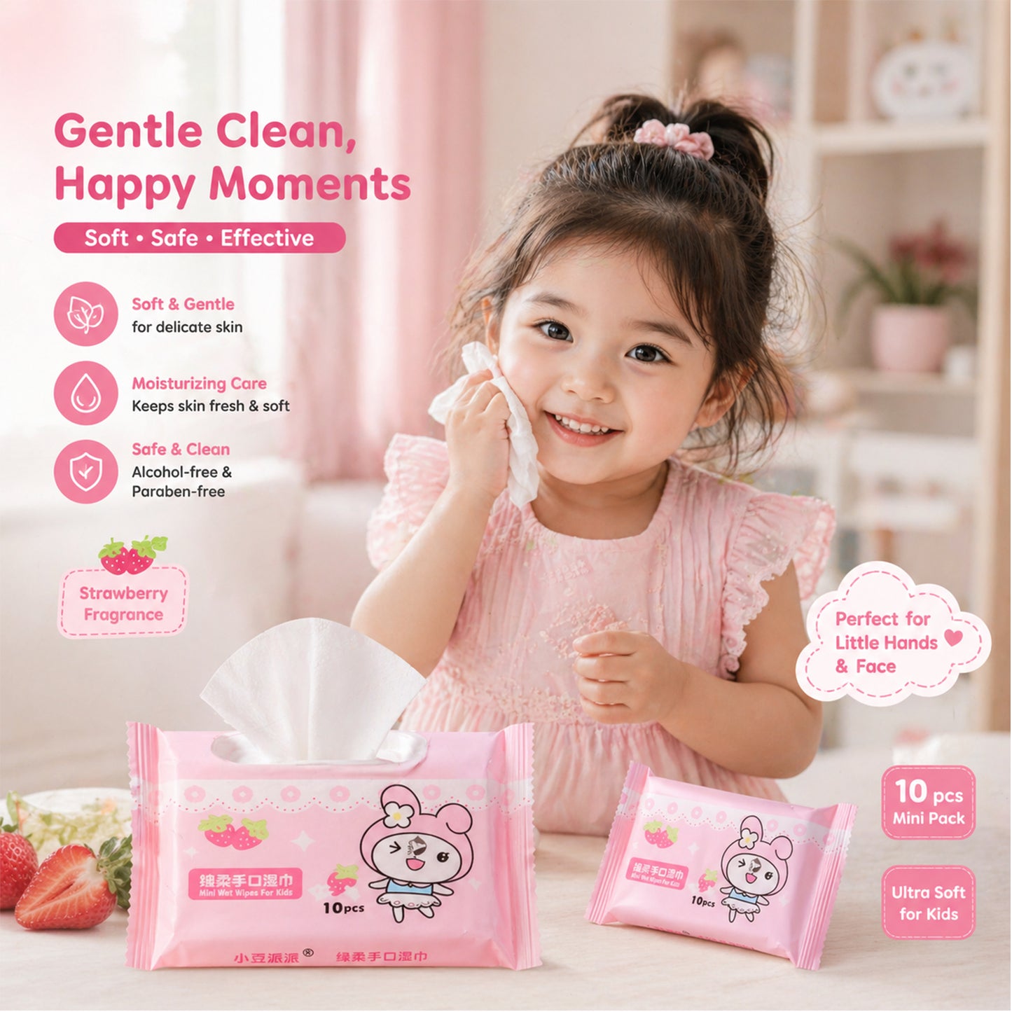 Cartoon printed soft wet wipes pack by Wukusy, 100-pack with 10 individual packs of 10 wipes each, showing colorful packaging and wipes