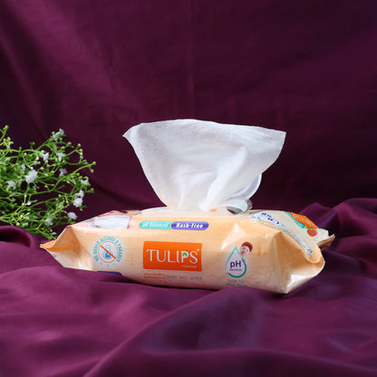 Wukusy Tulips Sensitive Baby Wet Wipes set showing soft, gentle wipes with tulip packaging for delicate baby skin care.