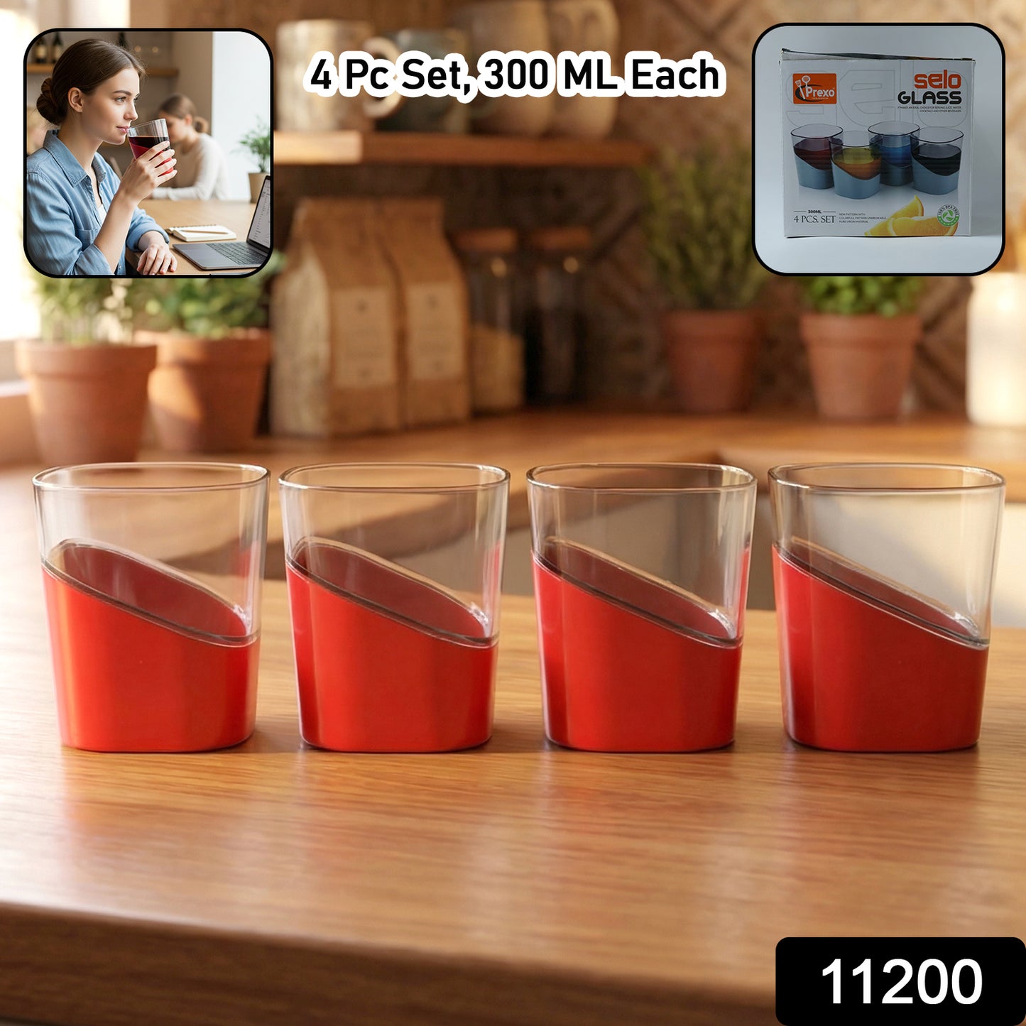 Set of four Wukusy Prexo stylish grip base plastic selo glass jars, each 300 ml, with clear glass and secure plastic lids.
