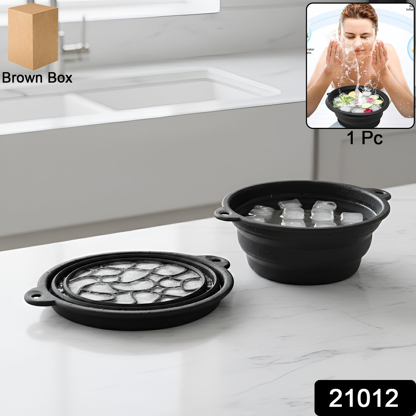 Foldable silicone ice bath bowl by Wukusy, portable and collapsible for easy storage and use in cold therapy or relaxation.