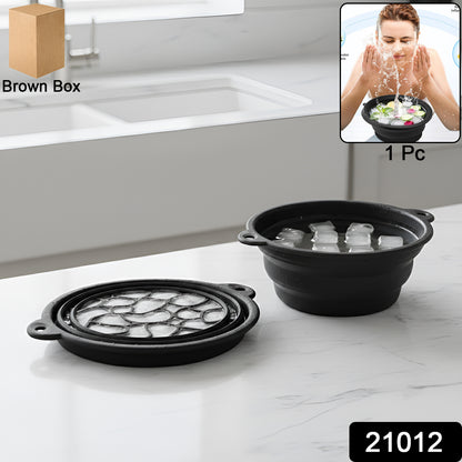 Foldable silicone ice bath bowl by Wukusy, portable and collapsible for easy storage and use in cold therapy or relaxation.