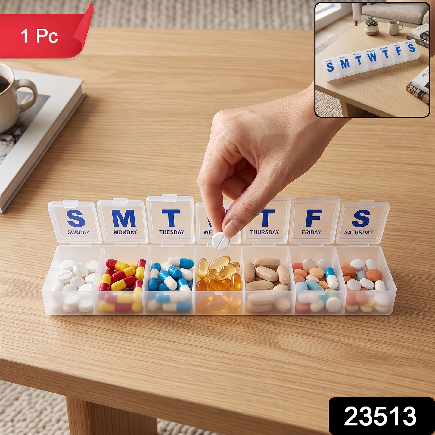Wukusy 7-day plastic pill box organizer with daily compartments for medication storage, featuring a compact, portable design.