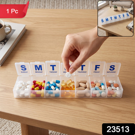 Wukusy 7-day plastic pill box organizer with daily compartments for medication storage, featuring a compact, portable design.