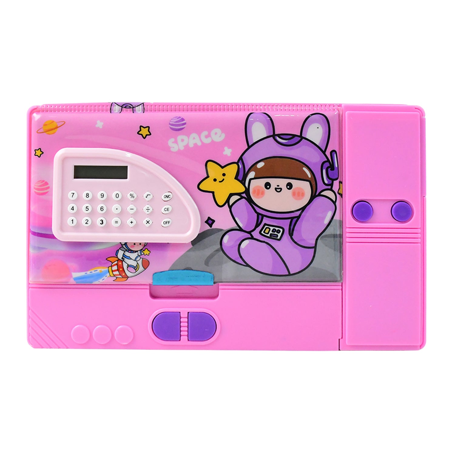 Wukusy space-themed multi-functional pencil box with built-in calculator, featuring space images and compartments for stationery.