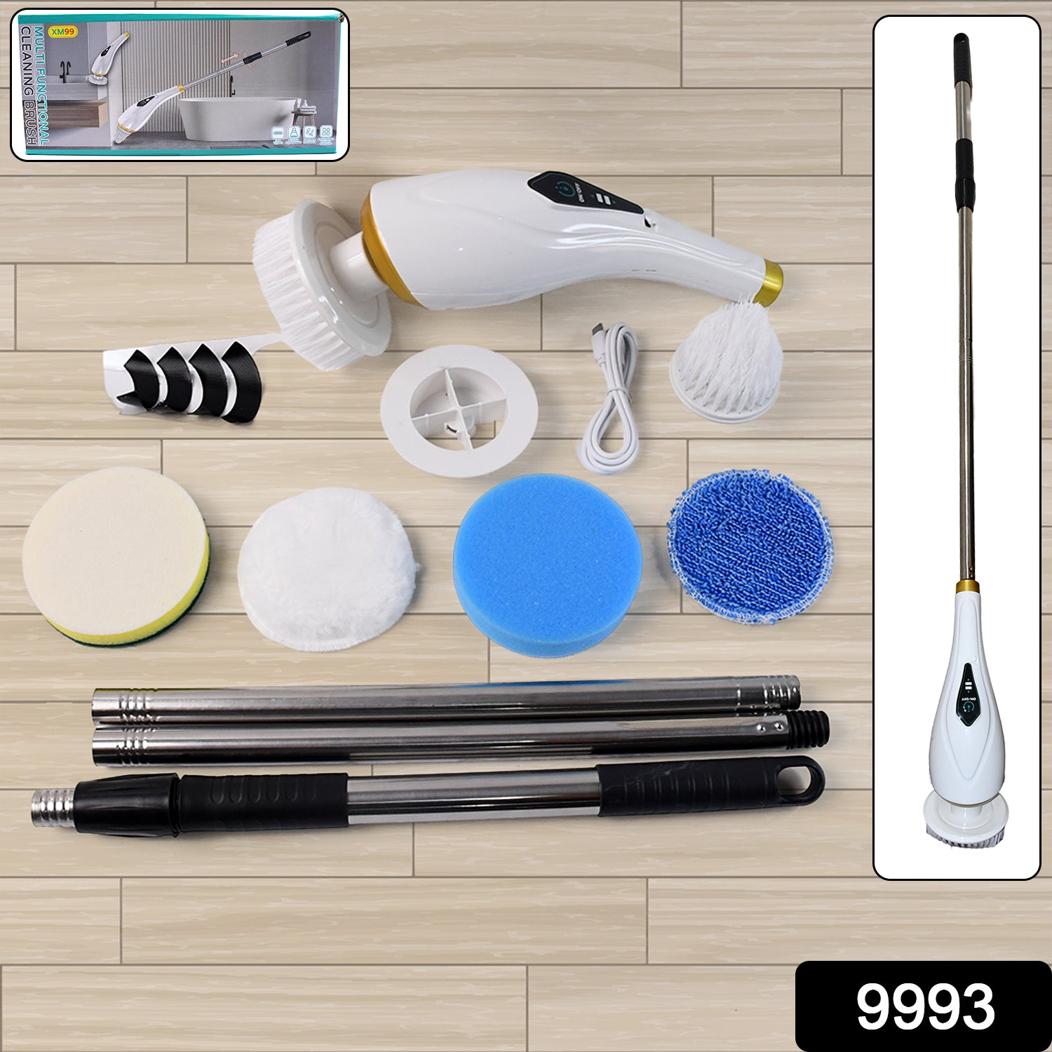 Wukusy 11-in-1 Electric Spin Scrubber for home cleaning, showing the device with multiple attachments for versatile surface scrubbing.