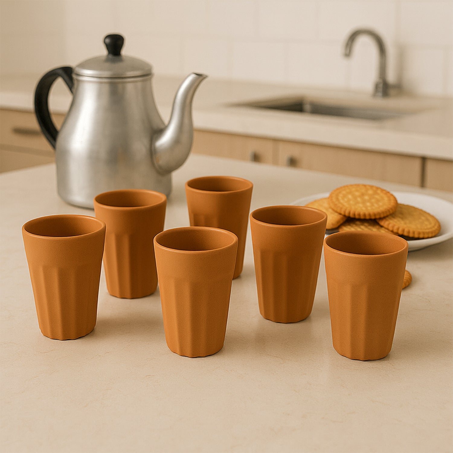 Set of six Wukusy Konvex Traditional Chai Cups, 125 ml each, displayed on a wooden surface for home and kitchen use.