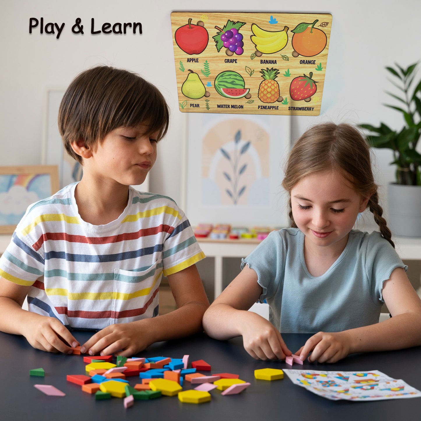 Wooden Fruits Puzzle toy by Wukusy, educational learning board with colorful fruit pieces for kids' development.