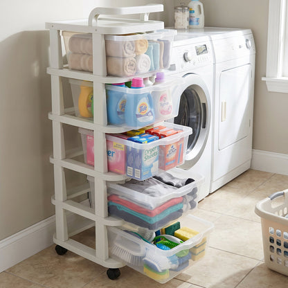 Wukusy 5-layer plastic storage drawer rack with wheels, home organization organizer with multiple compartments and sturdy design.