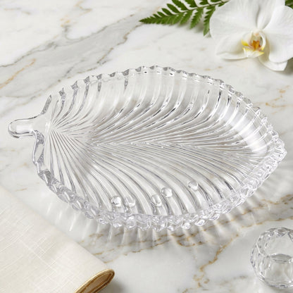 Wukusy leaf-shaped glass serving tray, 20x16cm platter for snacks and desserts, elegant tableware for special occasions