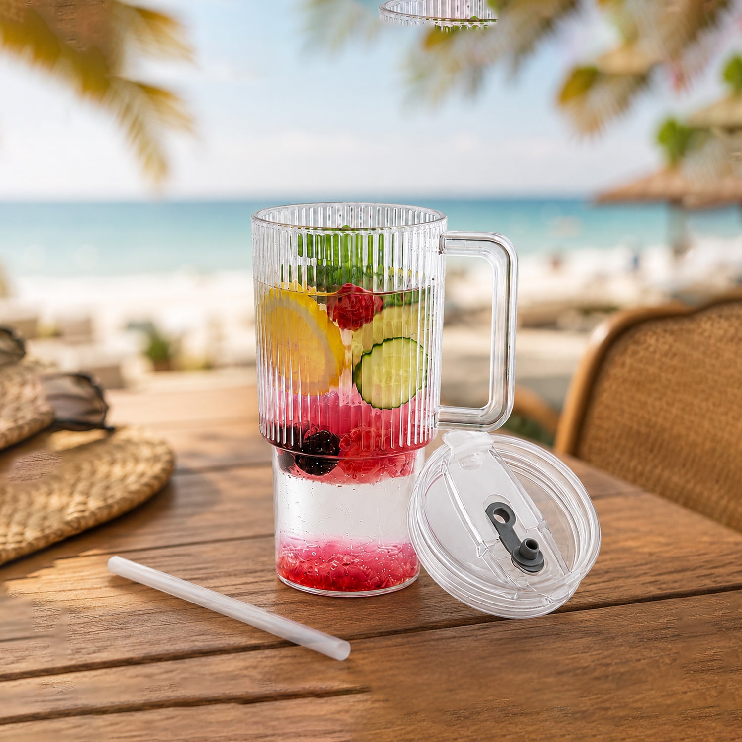 Wukusy kids 900ml tumbler with handle, lid, and straw, ribbed water sipper cup for children, in vibrant colors