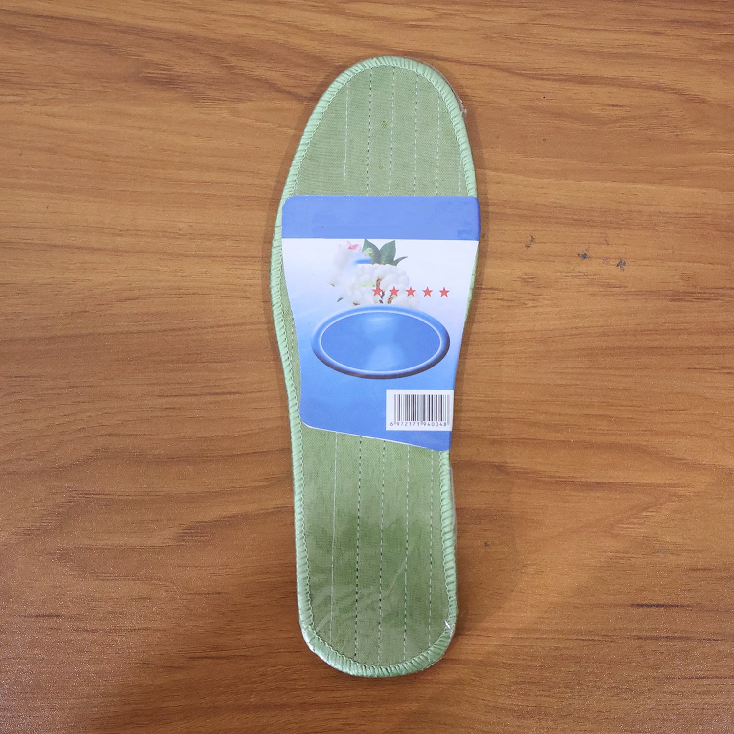Pair of Wukusy premium comfort shoe insoles providing daily foot support, size 44, with a mix of colorful design patterns