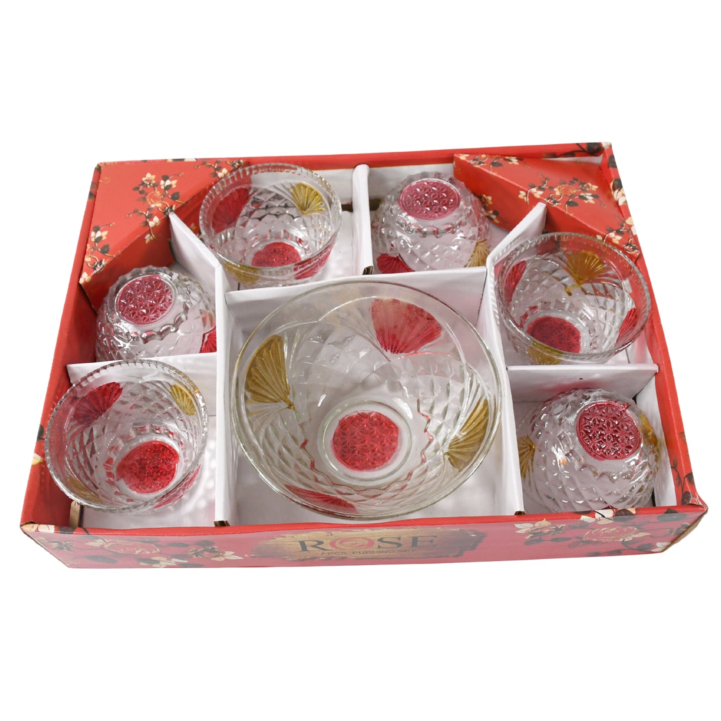 Set of seven Wukusy rose glass serving bowls including six medium and one large bowl for desserts, snacks, and fruit.