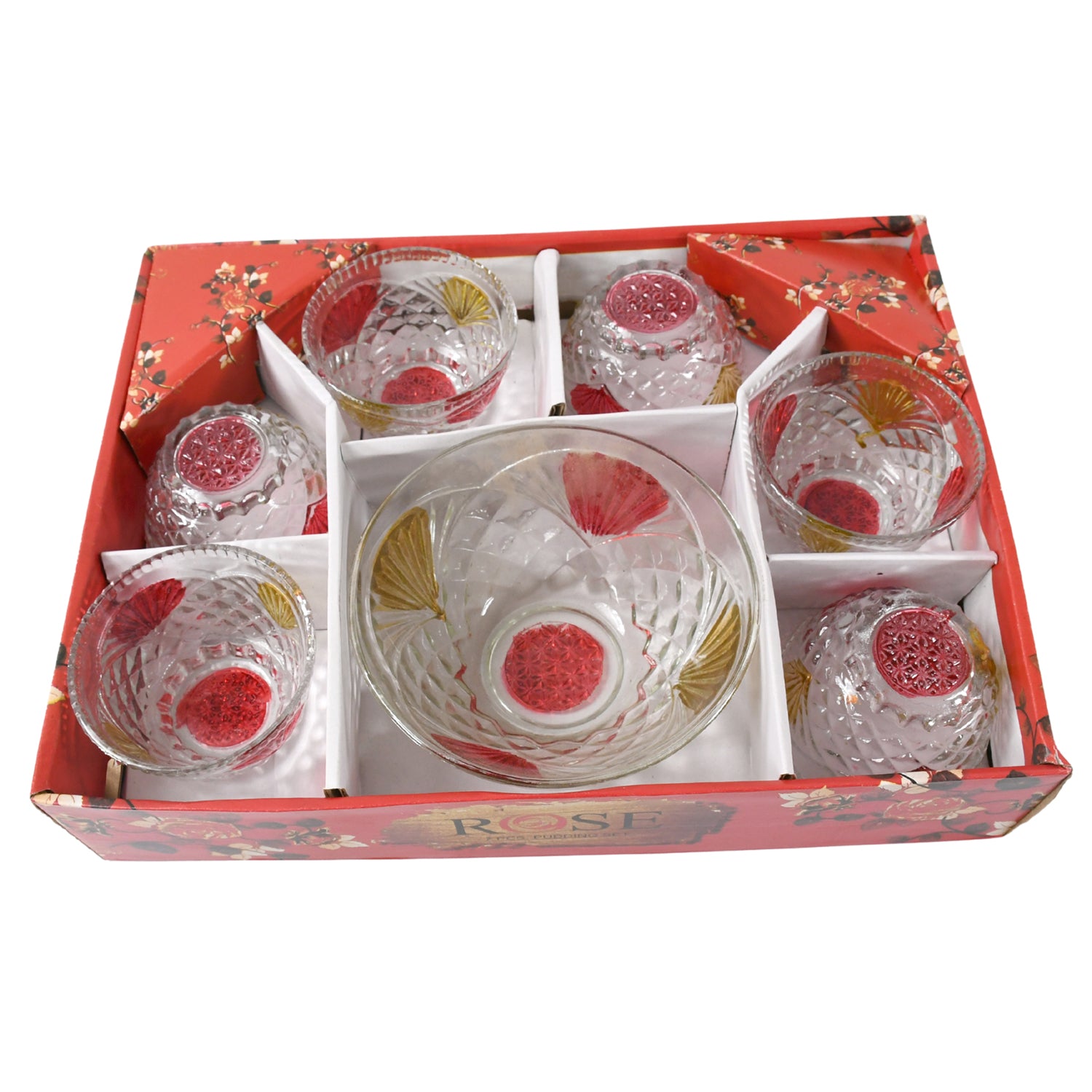 Set of seven Wukusy rose glass serving bowls including six medium and one large bowl for desserts, snacks, and fruit.