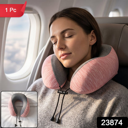Pink and grey U-shaped travel neck pillow with drawstring toggle by Wukusy, designed for comfortable neck support during travel.
