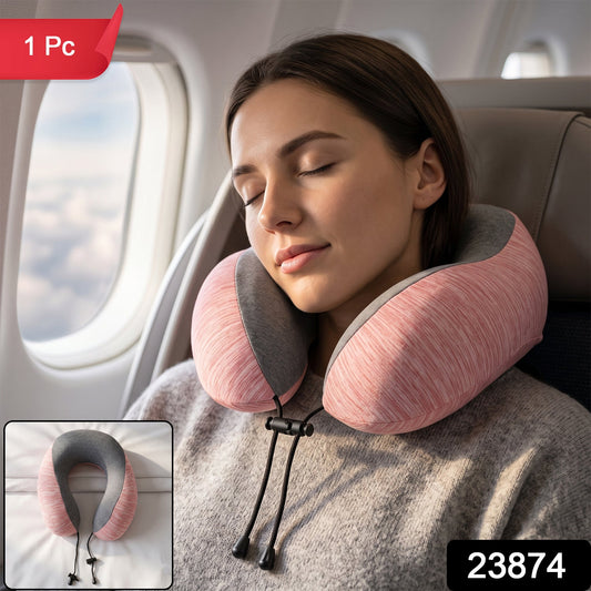 Pink and grey U-shaped travel neck pillow with drawstring toggle by Wukusy, designed for comfortable neck support during travel.