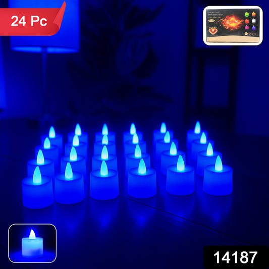 Set of 24 blue LED tea light candles by Wukusy, showcasing small, flickering electric candles in a clear view.