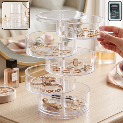 Wukusy 5-layer rotating jewelry storage box with compartments for rings, earrings, and watches, featuring a sturdy design and vibrant color.