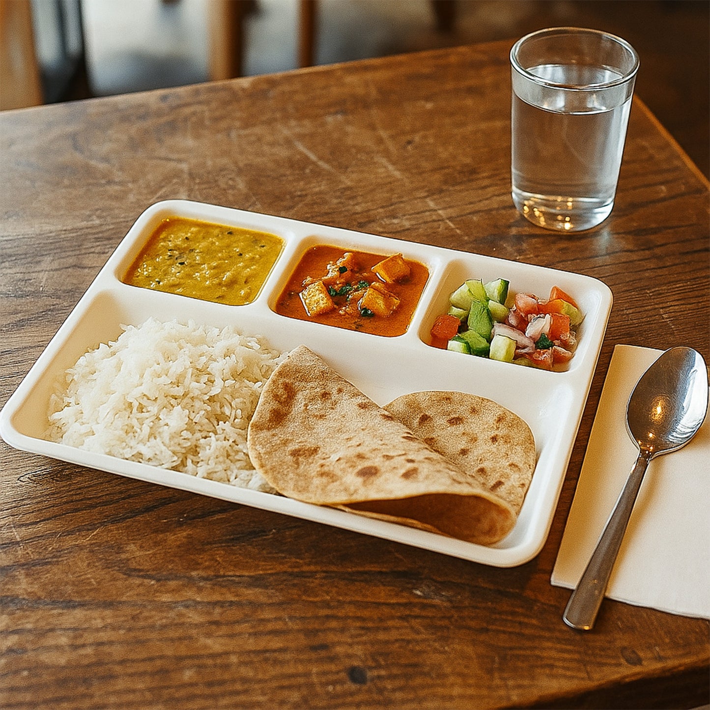 White plastic 4-compartment rectangular meal serving tray by Wukusy, ideal for home and kitchen use.