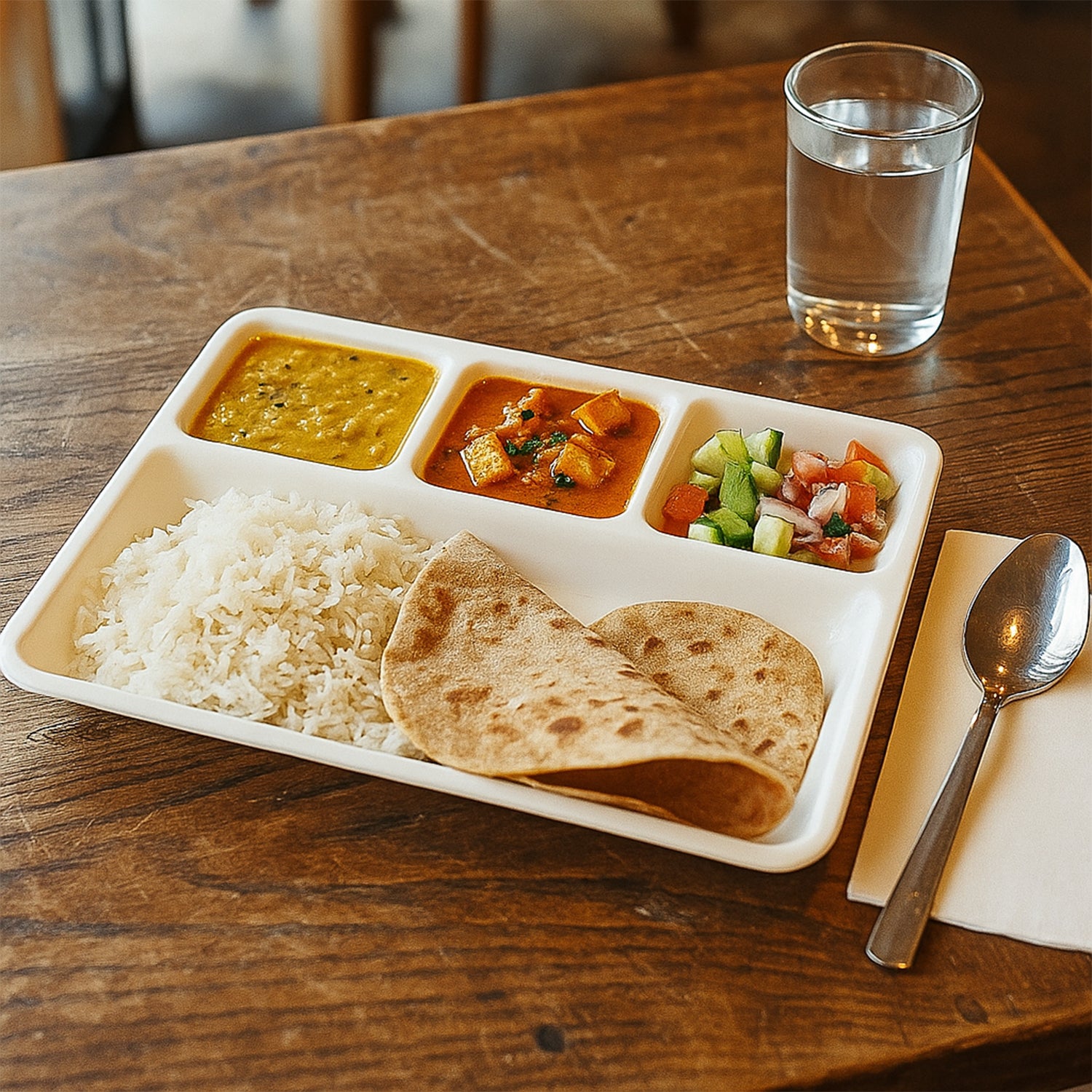White plastic 4-compartment rectangular meal serving tray by Wukusy, ideal for home and kitchen use.