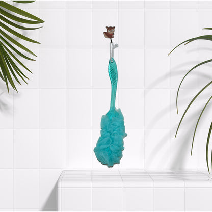 Wukusy 6702a loofah back scrubber with long handle, soft nylon mesh for shower body cleaning, suitable for women and men.