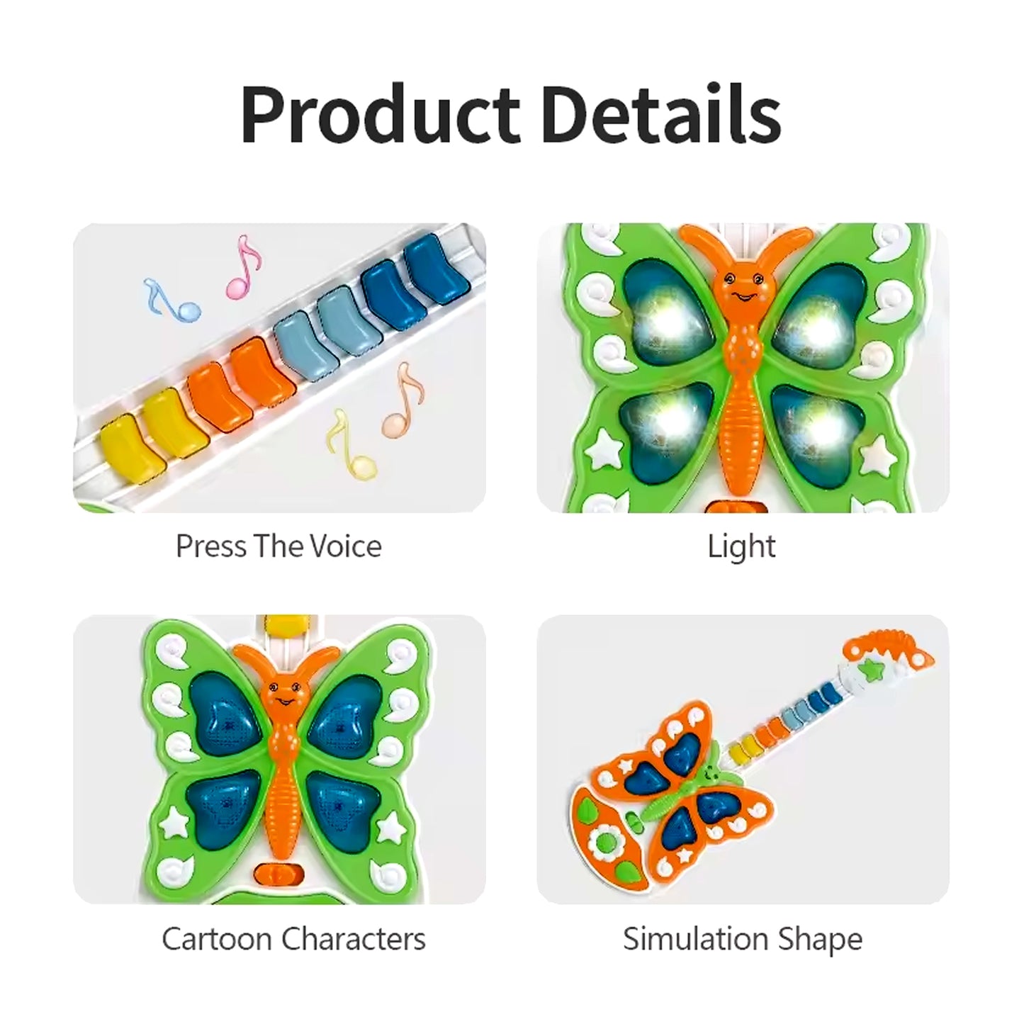 Wukusy butterfly guitar toy with colorful lights and music, designed for children, battery not included, playful and interactive toy.