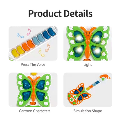 Wukusy butterfly guitar toy with colorful lights and music, designed for children, battery not included, playful and interactive toy.
