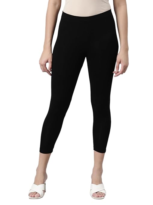 Stretchable skinny fit high ankle length leggings by FIZZI SHOP, classic fit with comfortable stretch fabric, shown in black.