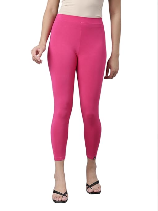 Pink Skinny Fit High Ankle Length Leggings from FIZZI SHOP, showing close-up of stretchy fabric and fitted style