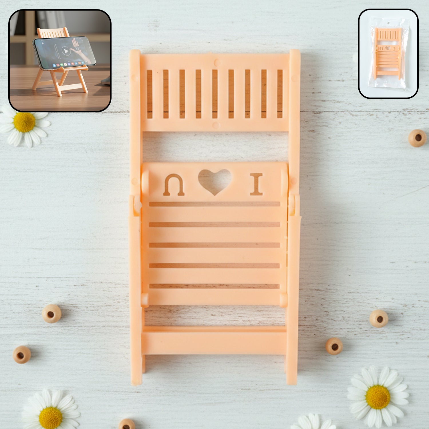 Peach-colored mini chair-shaped mobile stand holder by Wukusy, designed to hold smartphones securely.