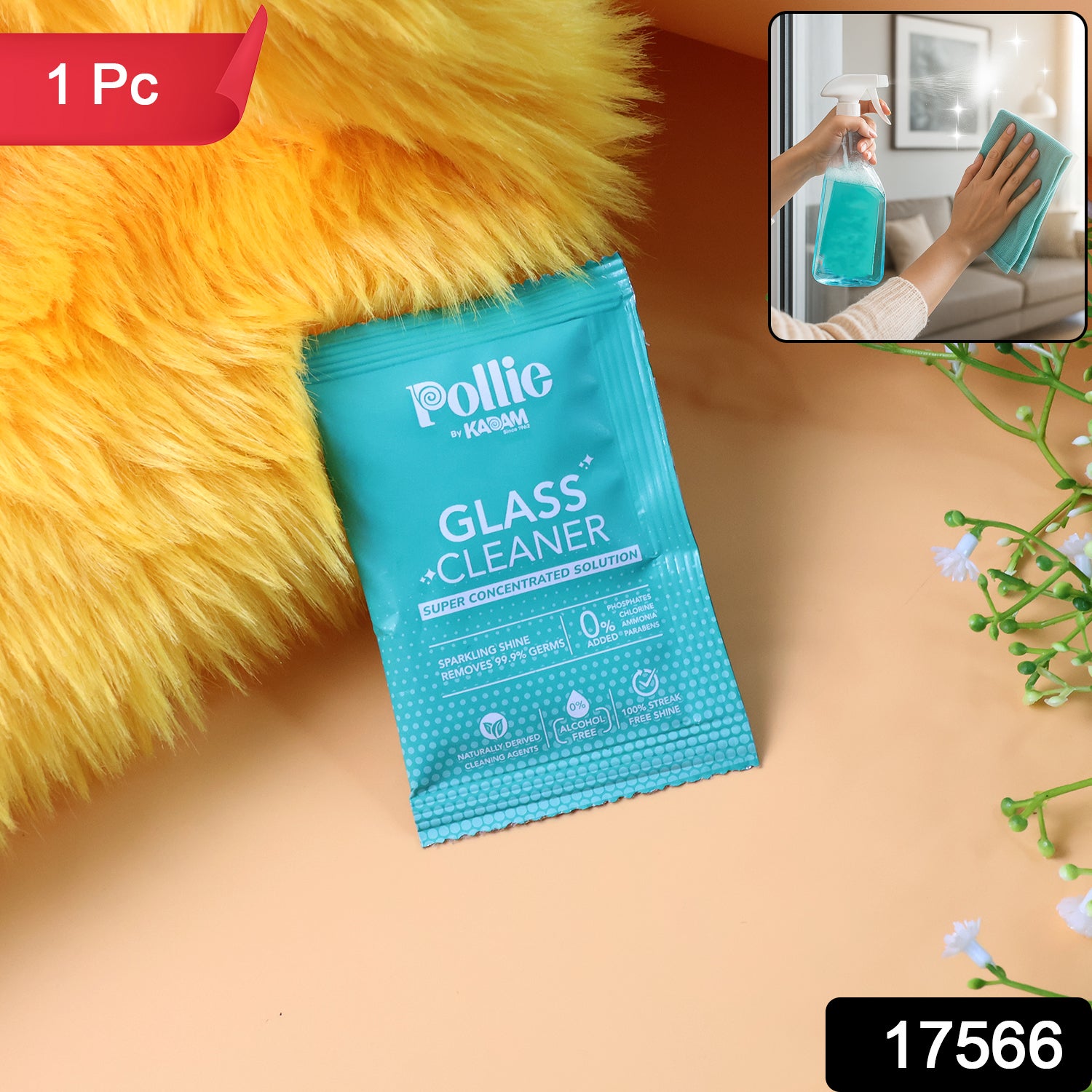 Wukusy Pollic Kadam concentrated glass mirror cleaner sachet, 15g, for home improvement and cleaning glass surfaces effectively.