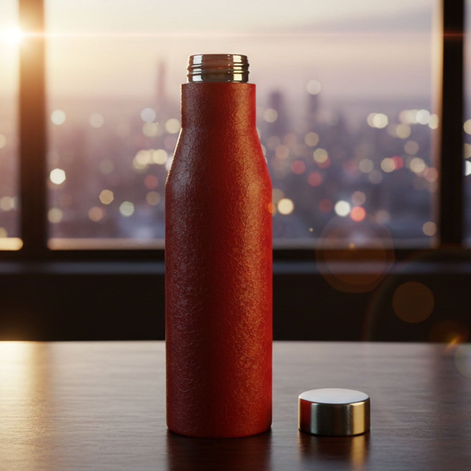 Red stainless steel water bottle by Wukusy, 1000 ml capacity, with a sleek design and secure lid for outdoor hydration.