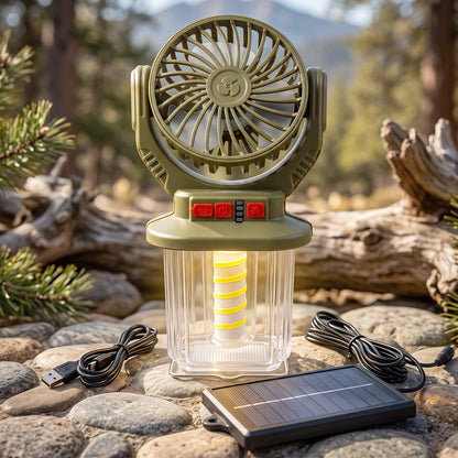 Wukusy 2-in-1 solar rechargeable camping fan with LED lantern, portable outdoor fan with built-in light in black