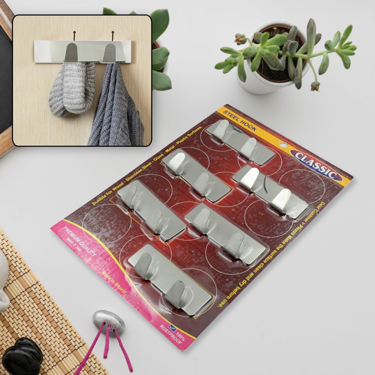Set of six Wukusy stainless steel self-adhesive wall hooks for bathroom, kitchen, tiles, or wallpaper hanging.