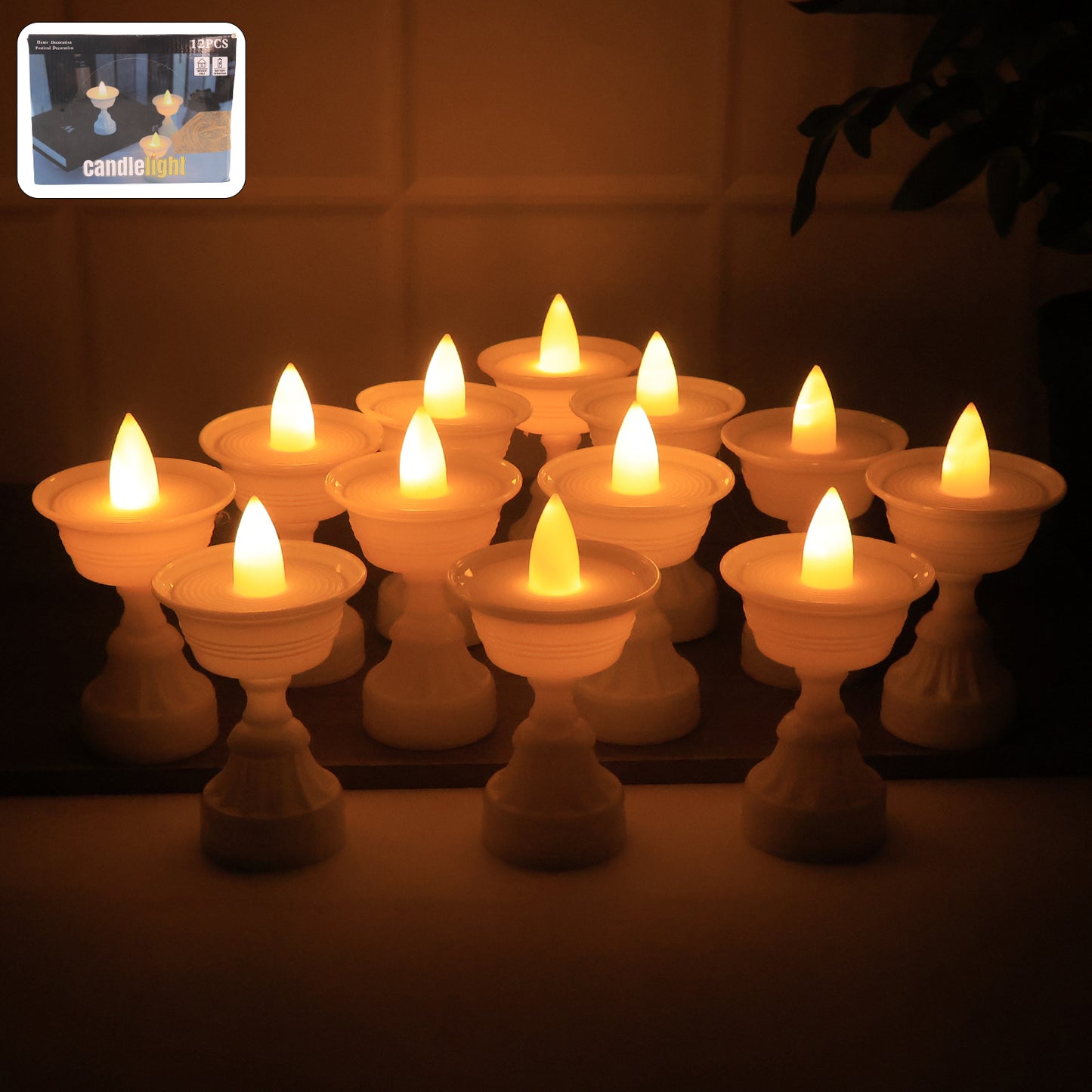 Set of 12 white water sensor LED diyas for home decor, featuring traditional design with modern water sensor lighting by Wukusy.