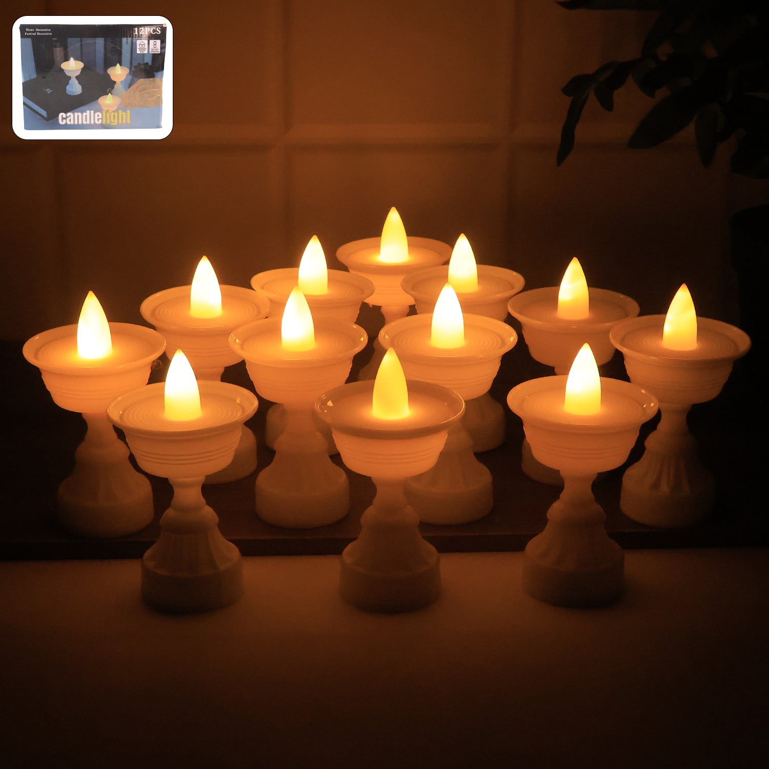 Set of 12 white water sensor LED diyas for home decor, featuring traditional design with modern water sensor lighting by Wukusy.