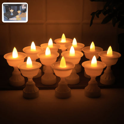 Set of 12 white water sensor LED diyas for home decor, featuring traditional design with modern water sensor lighting by Wukusy.