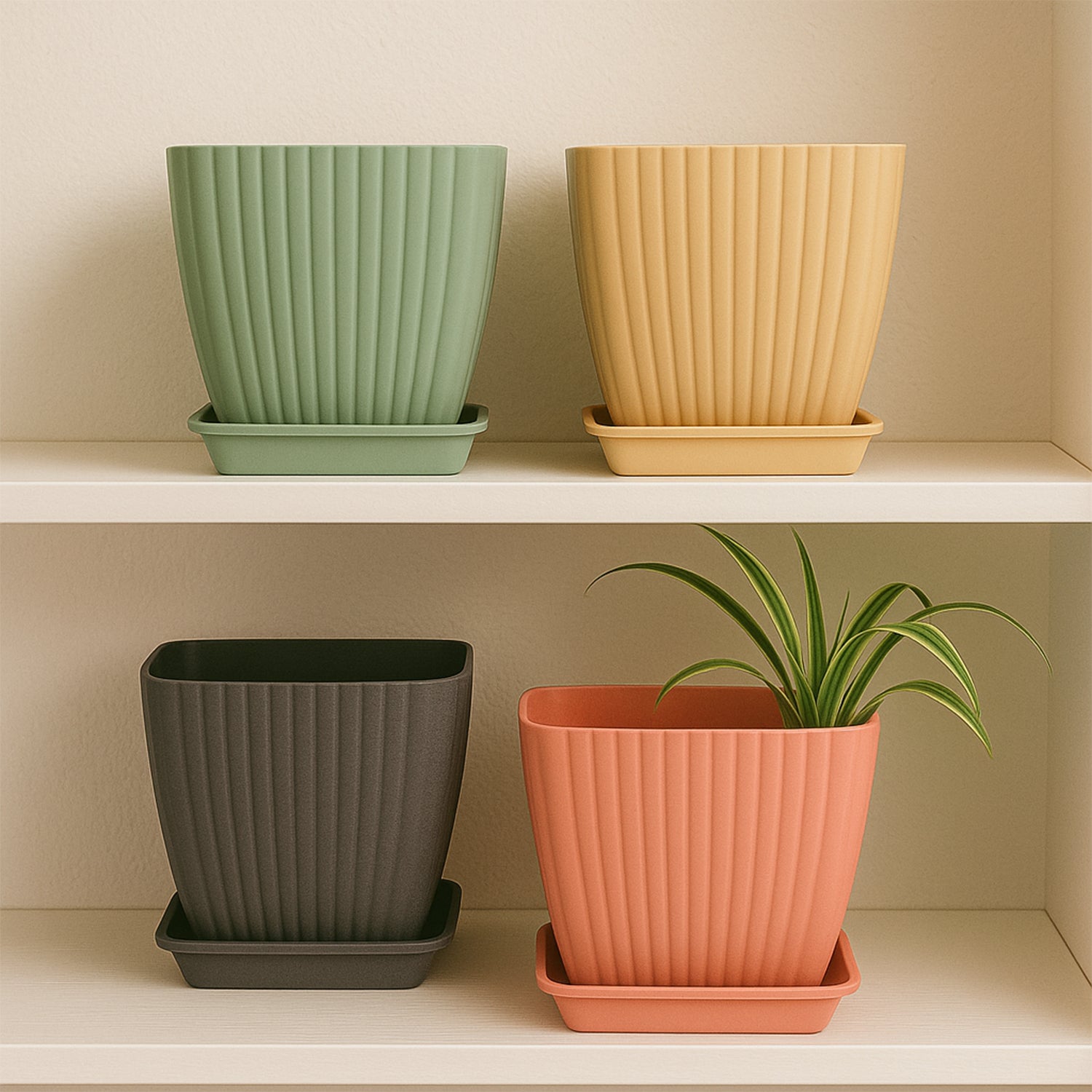 Set of five trendy square plastic flower pots for garden planting, featuring modern design by Wukusy.