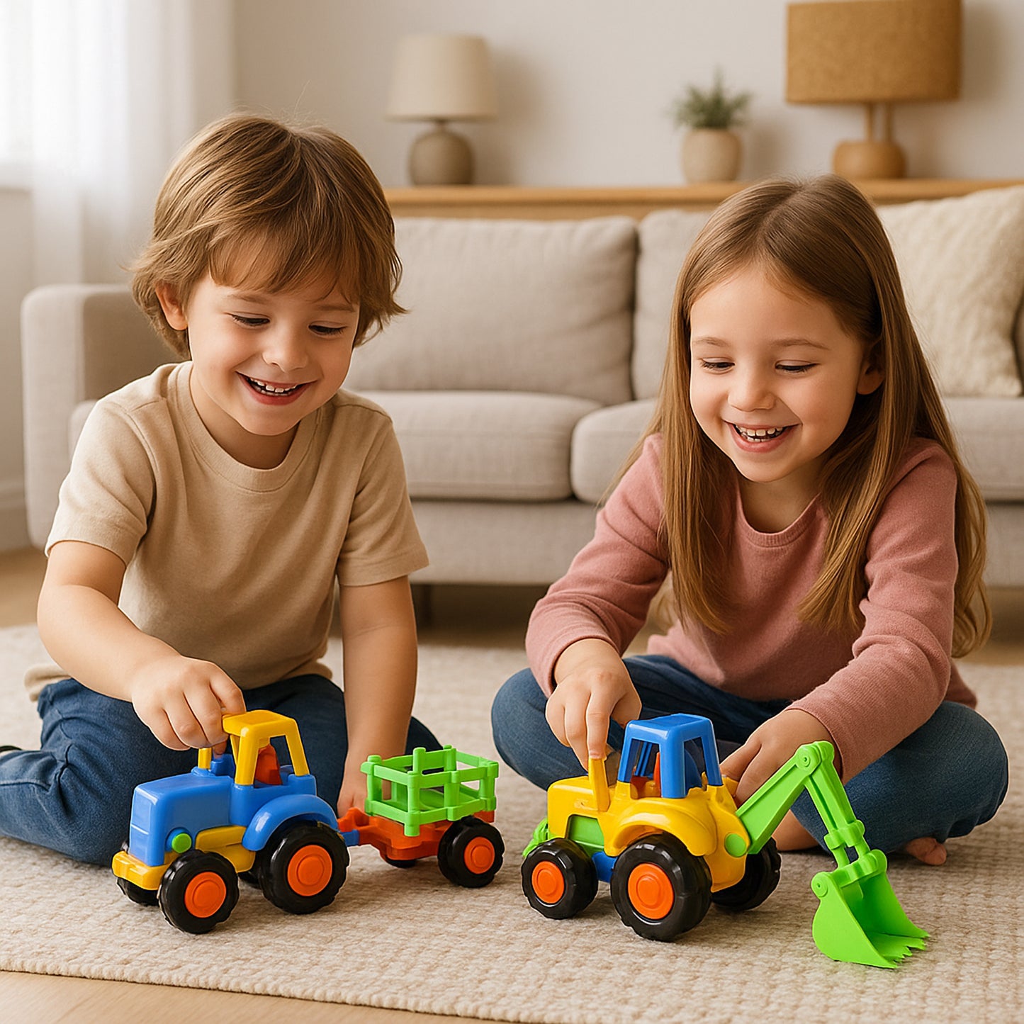 Wukusy Funwoods Itsy Bitsy construction vehicle toy set for kids, includes 8 colorful toy trucks and construction equipment.