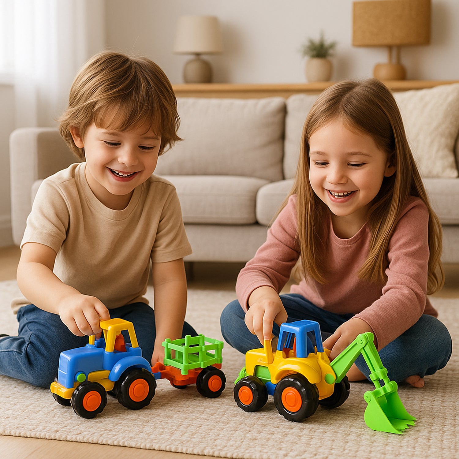 Wukusy Funwoods Itsy Bitsy construction vehicle toy set for kids, includes 8 colorful toy trucks and construction equipment.