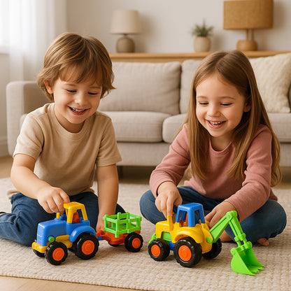 Wukusy Funwoods Itsy Bitsy construction vehicle toy set for kids, includes 8 colorful toy trucks and construction equipment.
