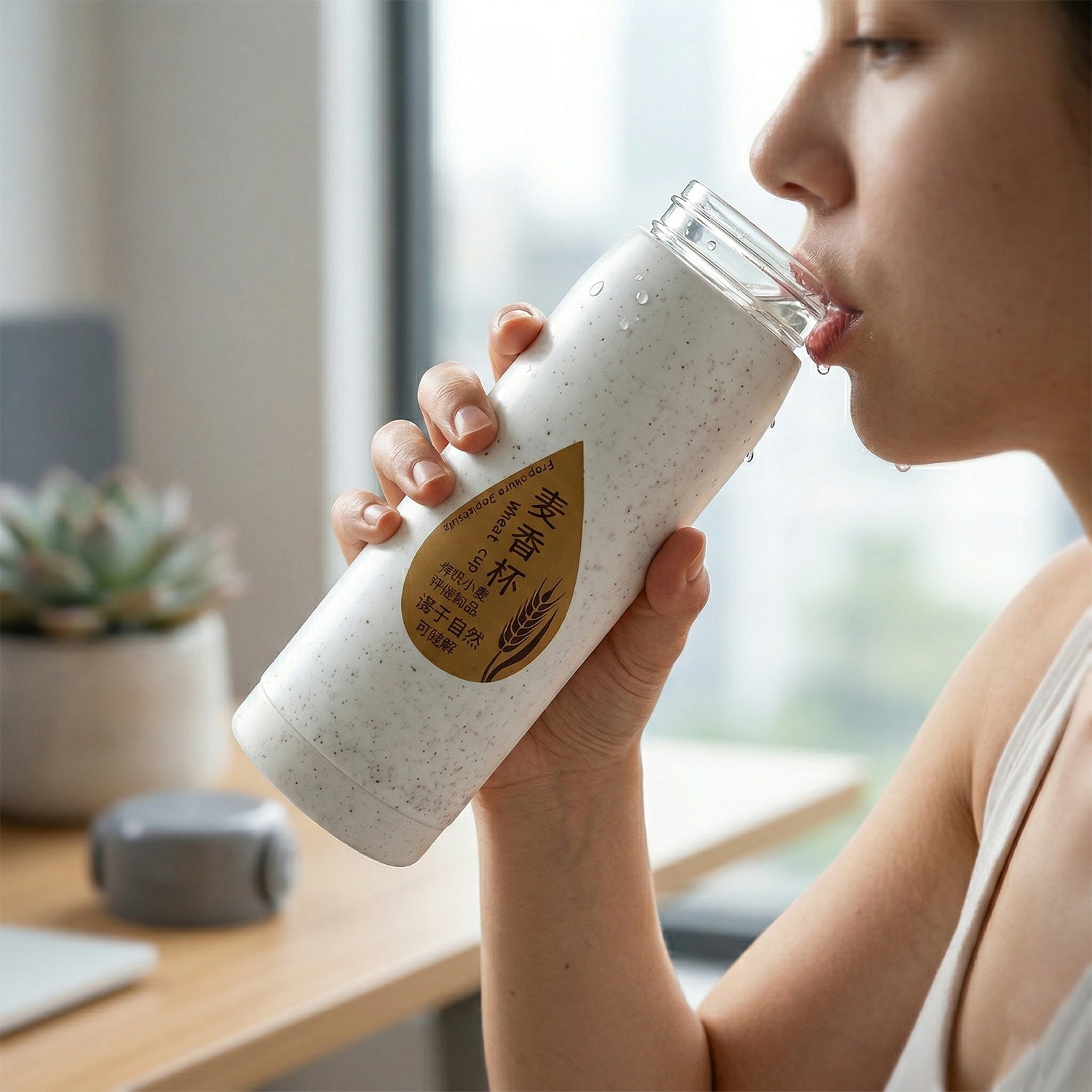 Wukusy premium glass water bottle with mobile phone holder, 380 ml, clear design, and leak-proof lid.