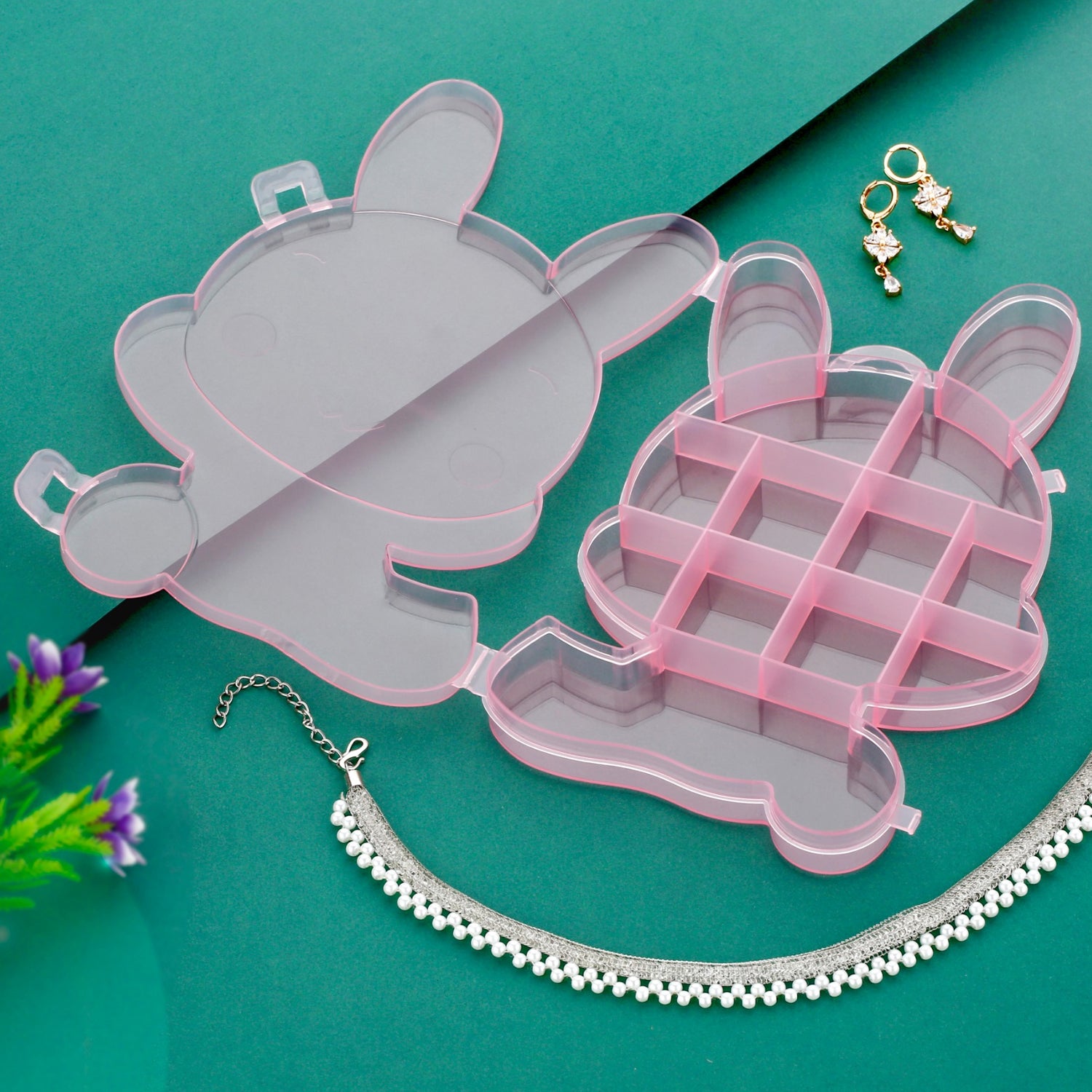 Clear plastic storage box with cartoon bear design by Wukusy, ideal for organizing jewelry and small household items.
