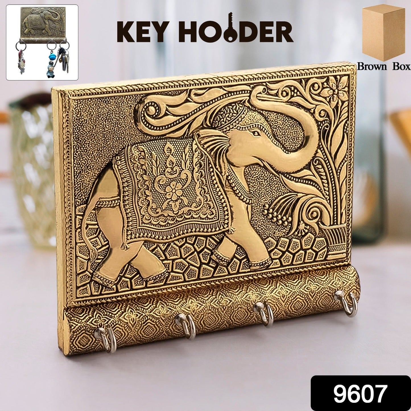 Wukusy wooden key holder with gold antique elephant design, stylish home decor accessory, wall-mounted with hooks for keys.