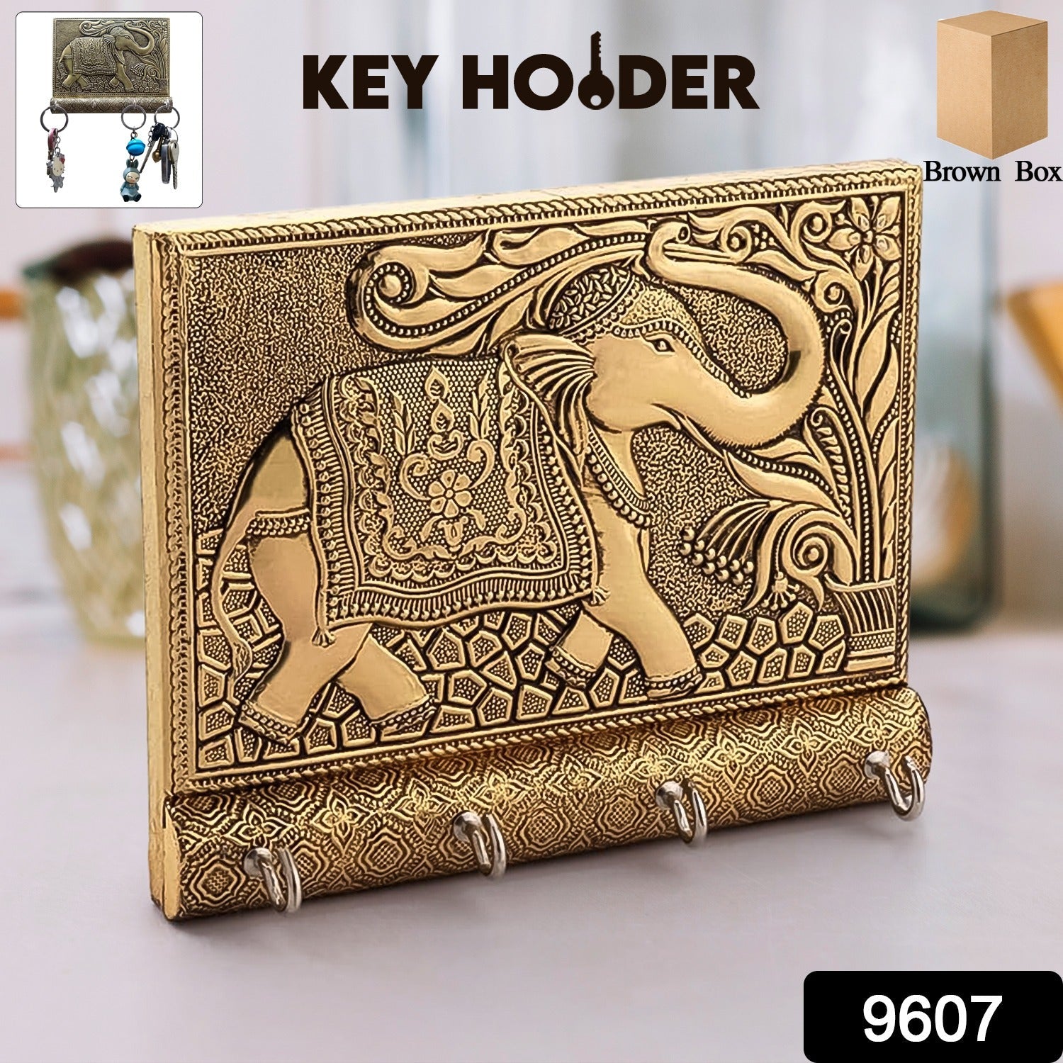 Wukusy wooden key holder with gold antique elephant design, stylish home decor accessory, wall-mounted with hooks for keys.